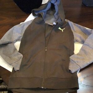 Puma Classic Zip up color block hoodie neon logo, pockets ribbed trim